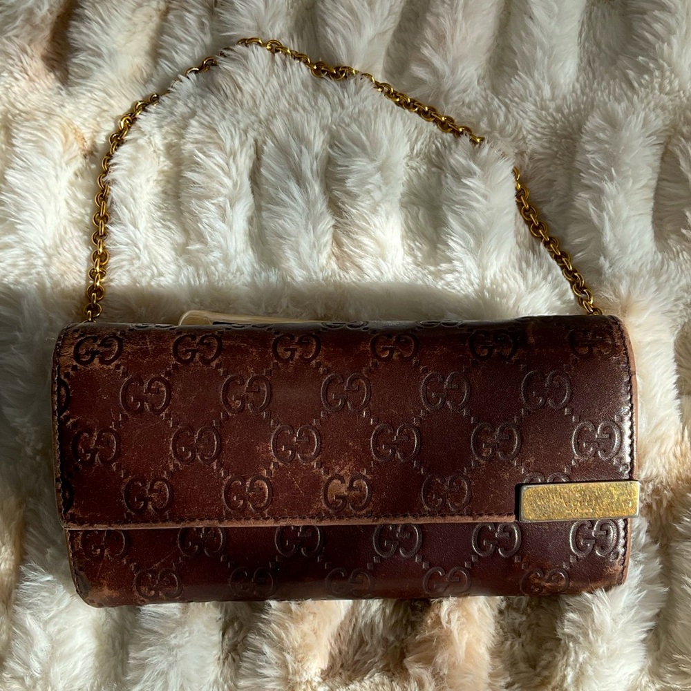 Brown Leather Gucci walker on Chain embossed